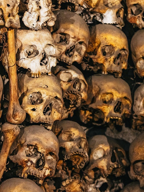 Skulls and bones in the Roman catacombs.