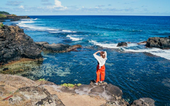 Person viewing ocean from Gris Gris viewpoint, extreme south of Mauritius island.