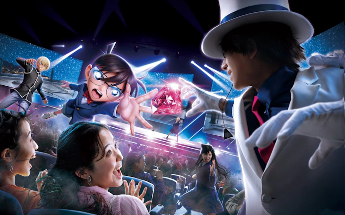 Detective Conan characters in action at Jewel Under the Starry Sky show, Universal Studios Japan.