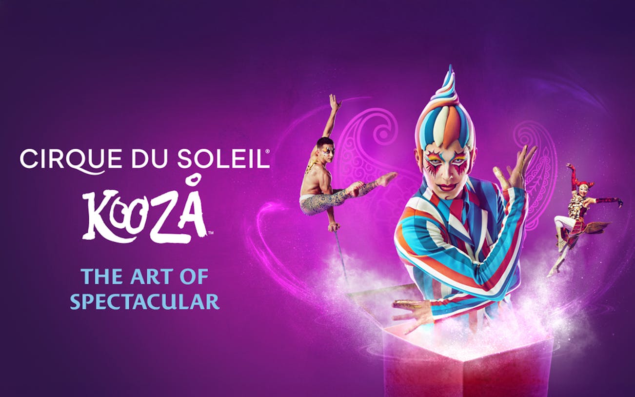 Cirque du Soleil KOOZA performers in colorful costumes, Santa Monica show.