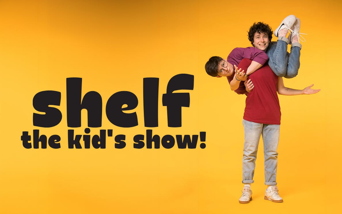 Two performers in playful pose for "Shelf: The Kids' Show" on yellow background.