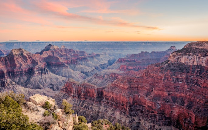 Grand Canyon North Rim at sunset, view from Bright Angel Point.