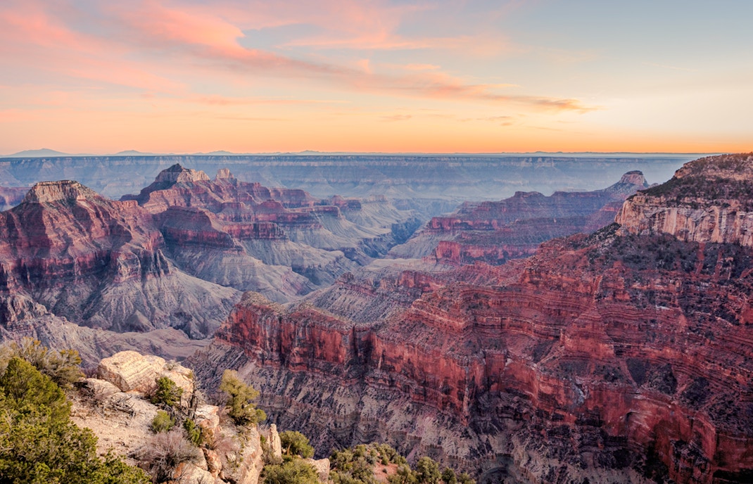 Grand Canyon's North Rim at sunset near Bright Angel Point.