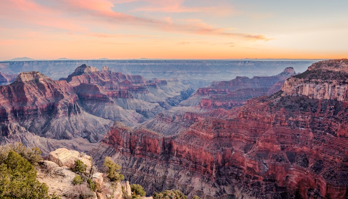 Grand Canyon's North Rim at sunset near Bright Angel Point.
