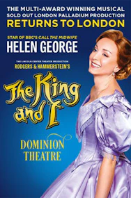 The King and I musical poster with actors in traditional attire, London.