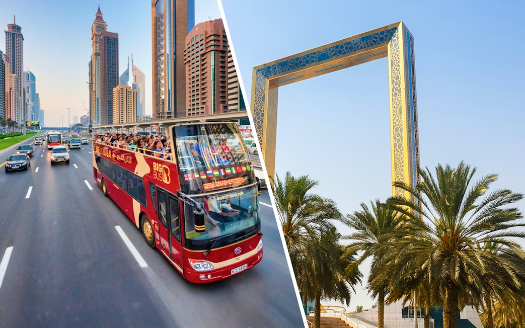 Open-top bus tour in Dubai with city skyscrapers and Dubai Frame in view.
