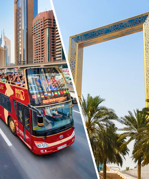 Open-top bus tour in Dubai with city skyscrapers and Dubai Frame in view.
