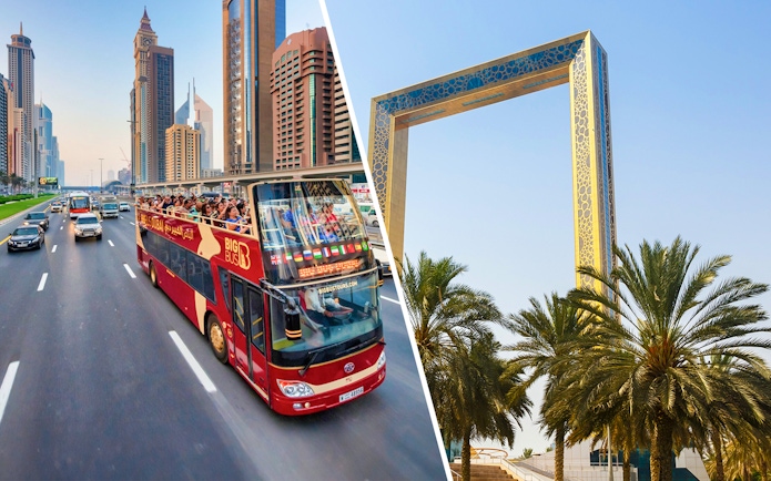 Open-top bus tour in Dubai with city skyscrapers and Dubai Frame in view.