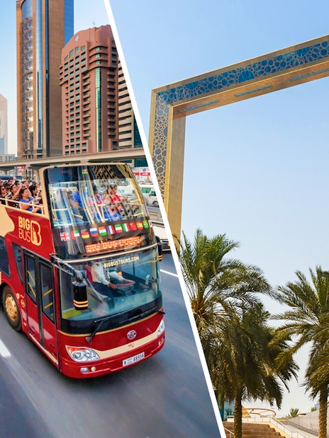 Open-top bus tour in Dubai with city skyscrapers and Dubai Frame in view.