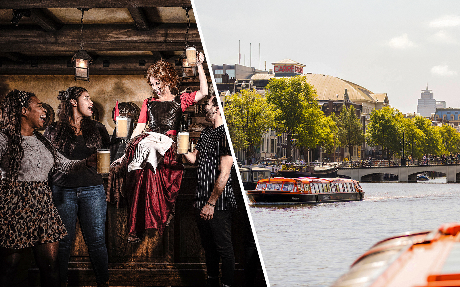Guests enjoying a lively scene at the Amsterdam Dungeon with a canal view.