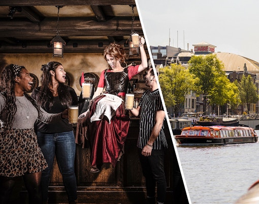 Guests enjoying a lively scene at the Amsterdam Dungeon with a canal view.
