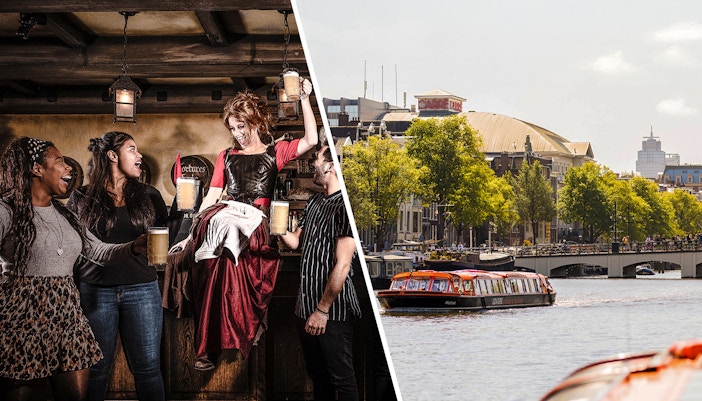 Guests enjoying a lively scene at the Amsterdam Dungeon with a canal view.