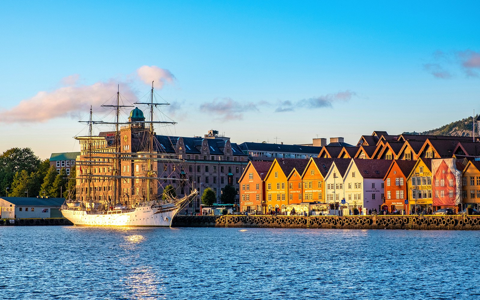 Bergen, Norway - Historic Bryggen district with colorful Hanseatic buildings by the harbor.