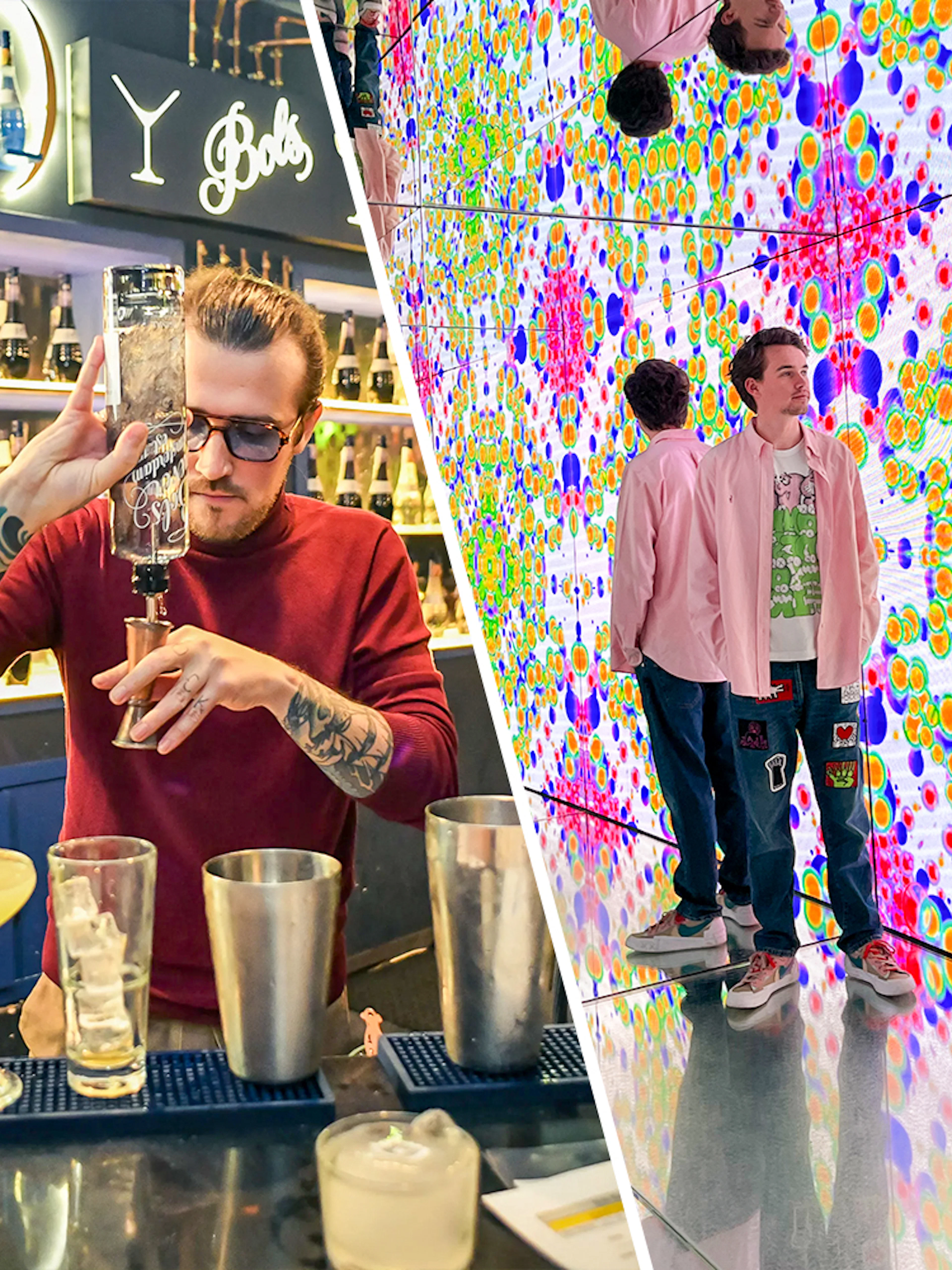 Bols Cocktail Experience bartending and colorful Moco Museum exhibit in Amsterdam.