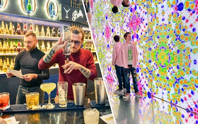 Bols Cocktail Experience bartending and colorful Moco Museum exhibit in Amsterdam.