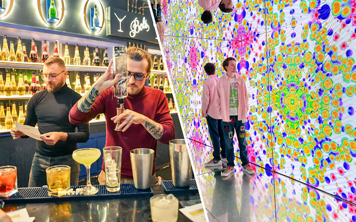 Bols Cocktail Experience bartending and colorful Moco Museum exhibit in Amsterdam.