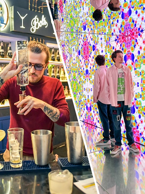 Bols Cocktail Experience bartending and colorful Moco Museum exhibit in Amsterdam.