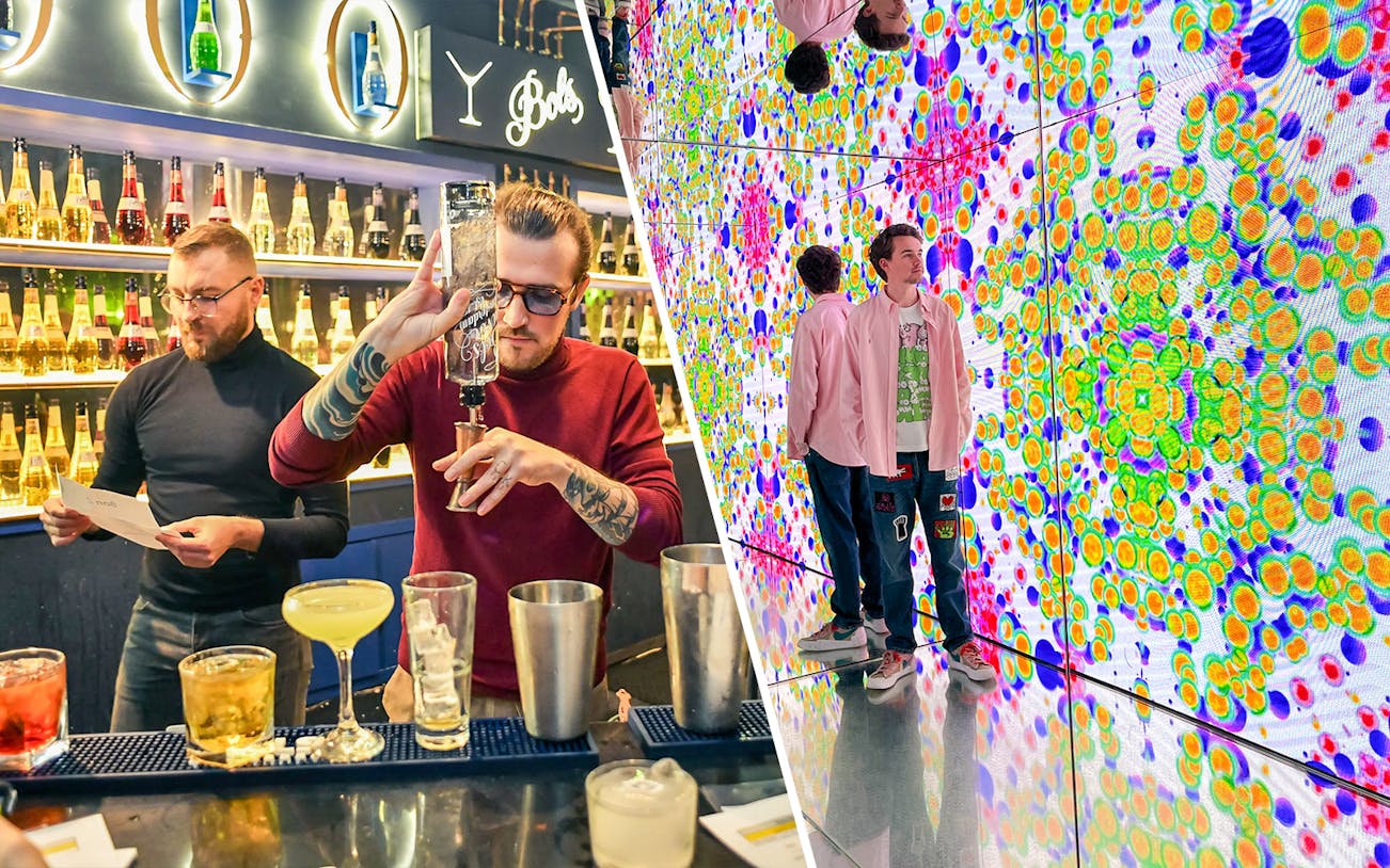 Bols Cocktail Experience bartending and colorful Moco Museum exhibit in Amsterdam.
