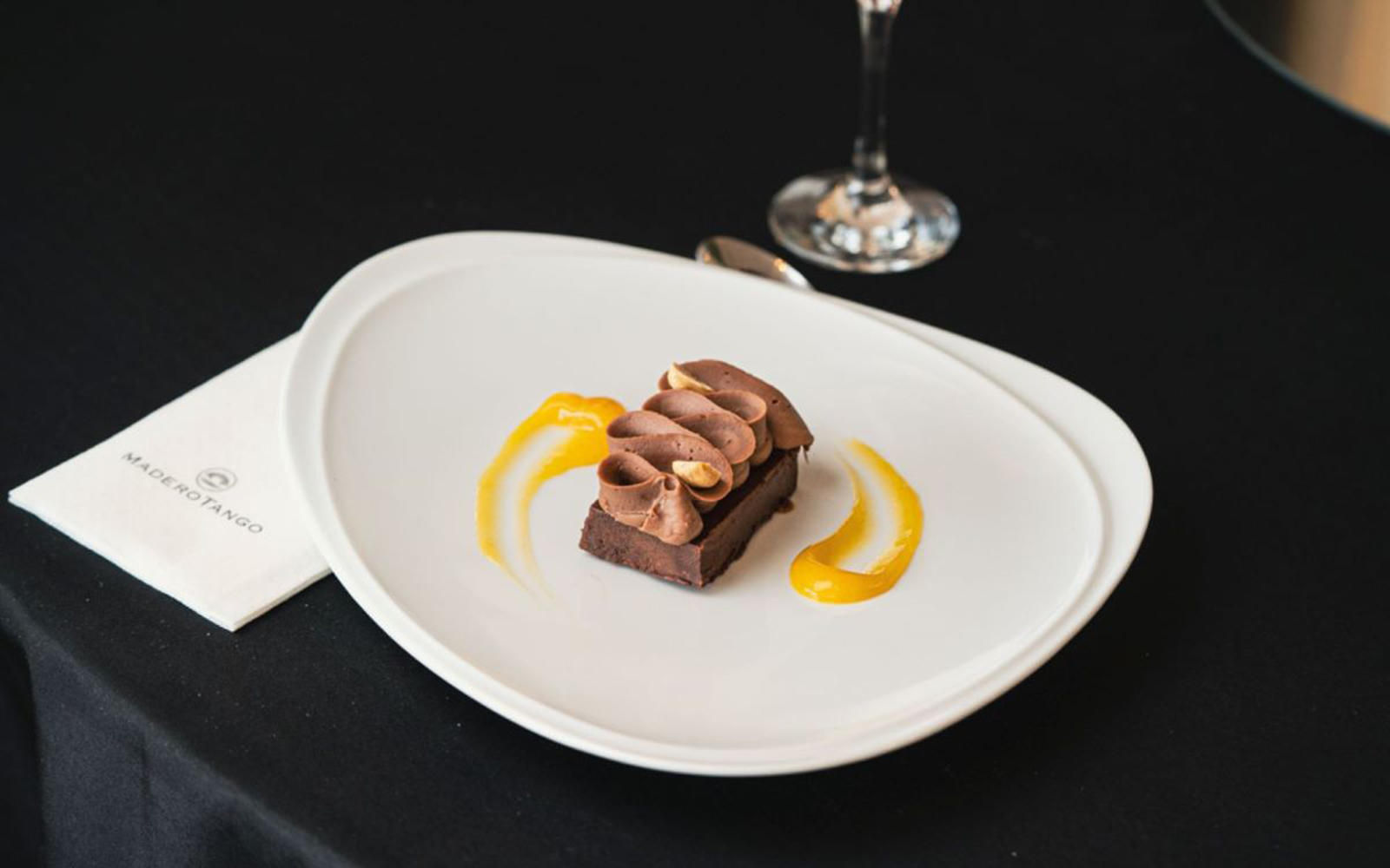 Chocolate dessert with caramel sauce at Madero Tango Show.