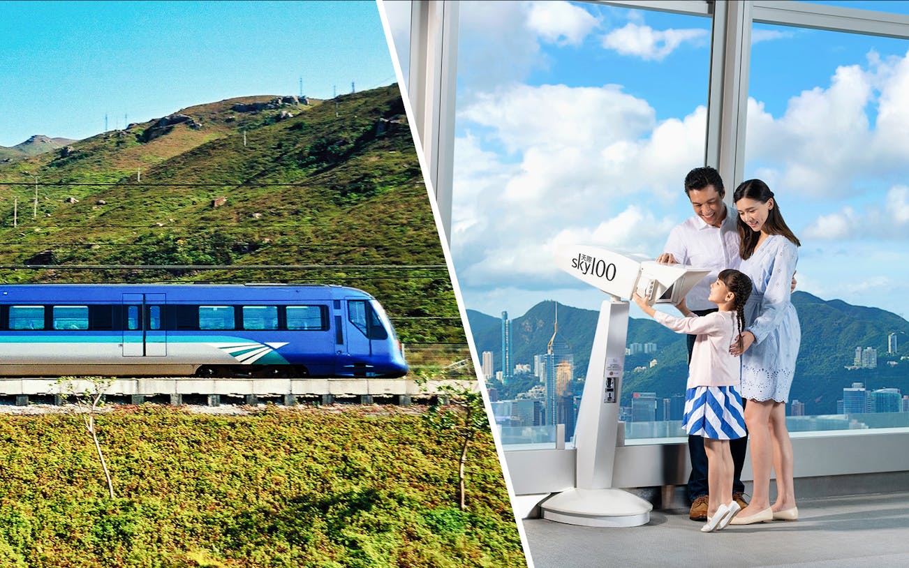 Airport Express train in Hong Kong and family viewing skyline from Sky100 observatory.