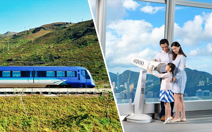Airport Express train in Hong Kong and family viewing skyline from Sky100 observatory.
