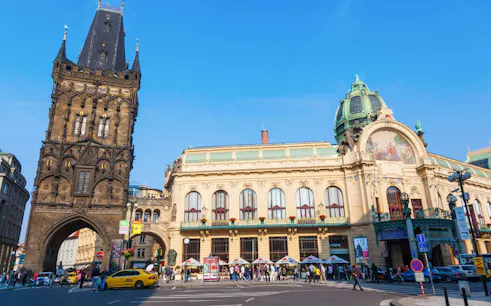 Powder Tower and Municipal House in Prague, part of Franz Kafka's city exploration game.