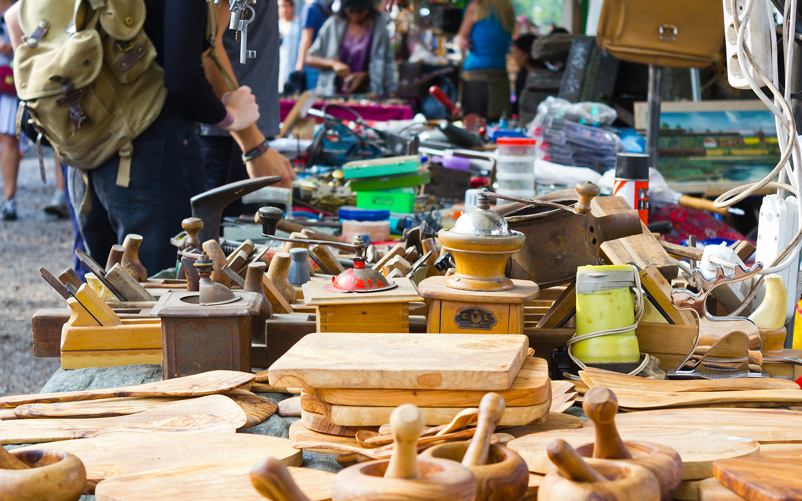 Antique wooden pieces being sold at Mauerpark Flea Market