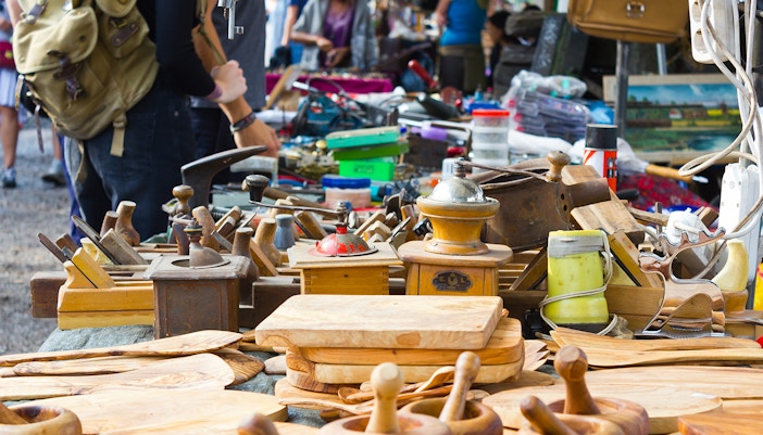 Antique wooden pieces being sold at Mauerpark Flea Market