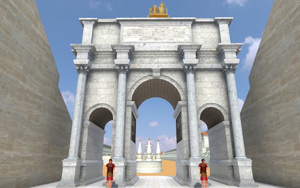 Virtual reality depiction of Circus Maximus archway with Roman guards.