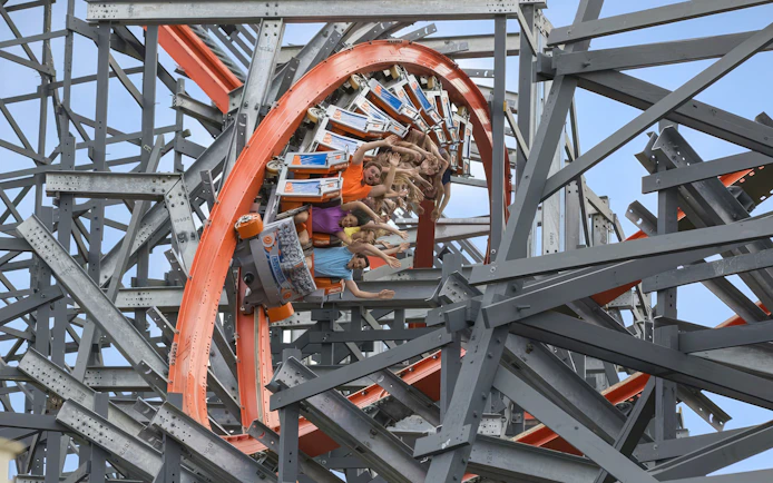 Riders on the Wicked Cyclone roller coaster at Six Flags New England, Boston.