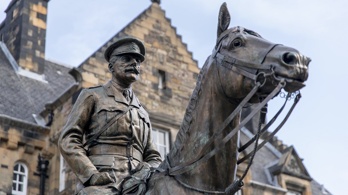 Statue of Earl Haig on horseback outside Edinburgh Castle, Scotland.