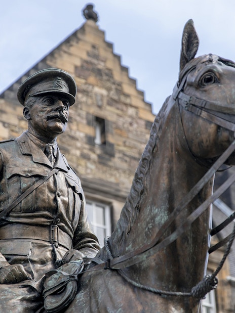 Statue of Earl Haig on horseback outside Edinburgh Castle, Scotland.