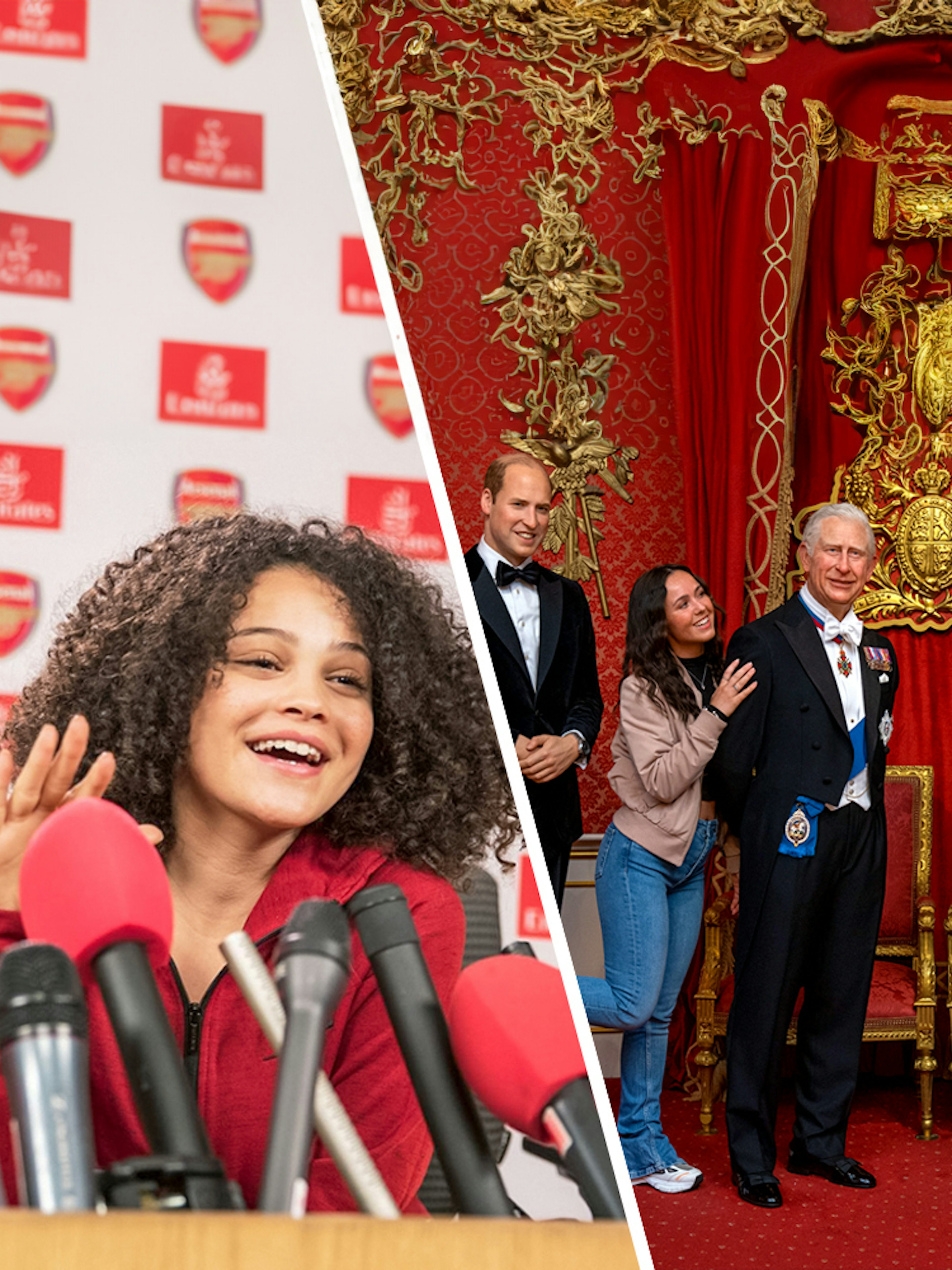 Arsenal FC press conference and Madame Tussauds London wax figures display.