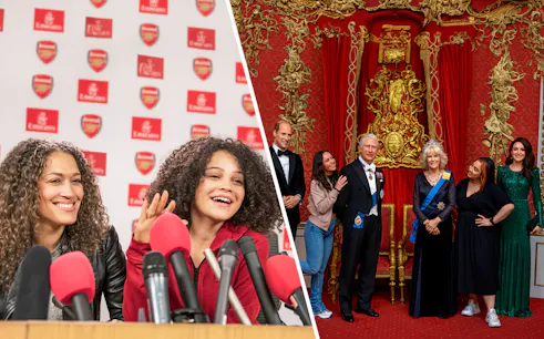 Arsenal FC press conference and Madame Tussauds London wax figures display.