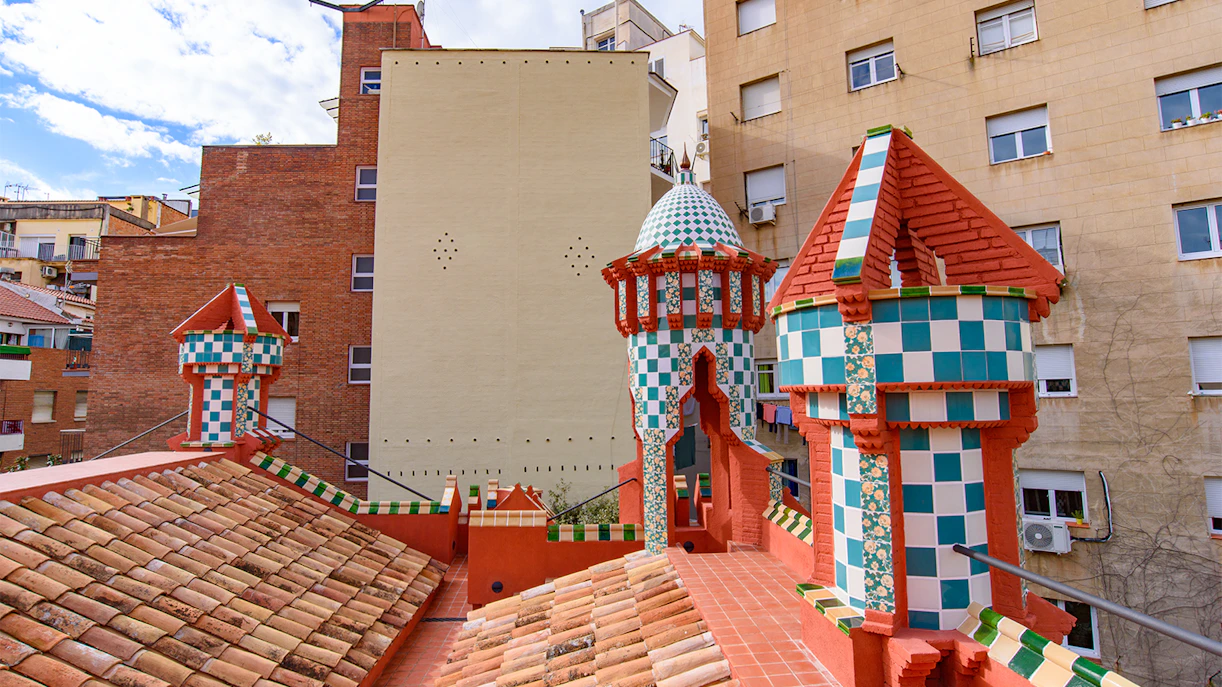 Casa Vicens rooftop with colorful tiled turrets in Barcelona.
