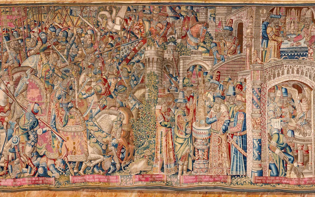 Woven tapestry depicting a historical battle scene at Liria Palace, Madrid.