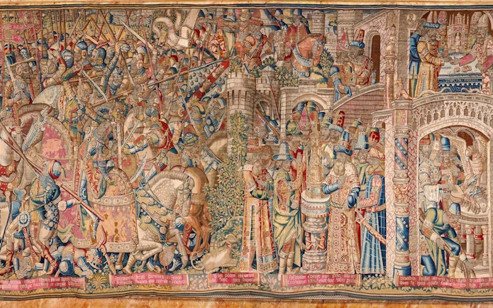 Woven tapestry depicting a historical battle scene at Liria Palace, Madrid.