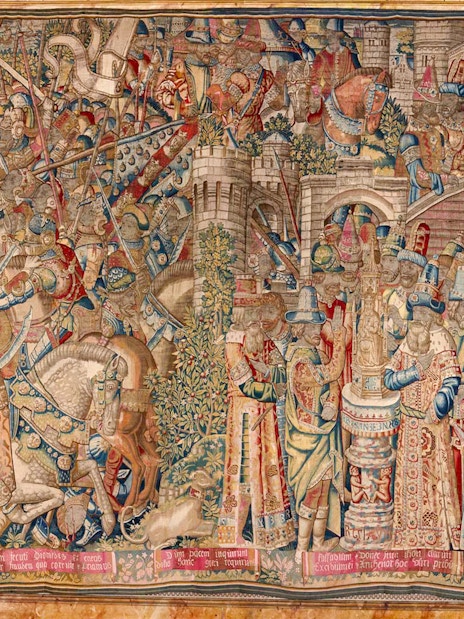 Woven tapestry depicting a historical battle scene at Liria Palace, Madrid.