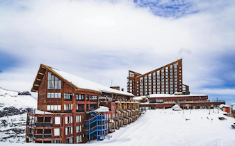 Valle Nevado ski resort buildings in the Andes Mountains, Chile.