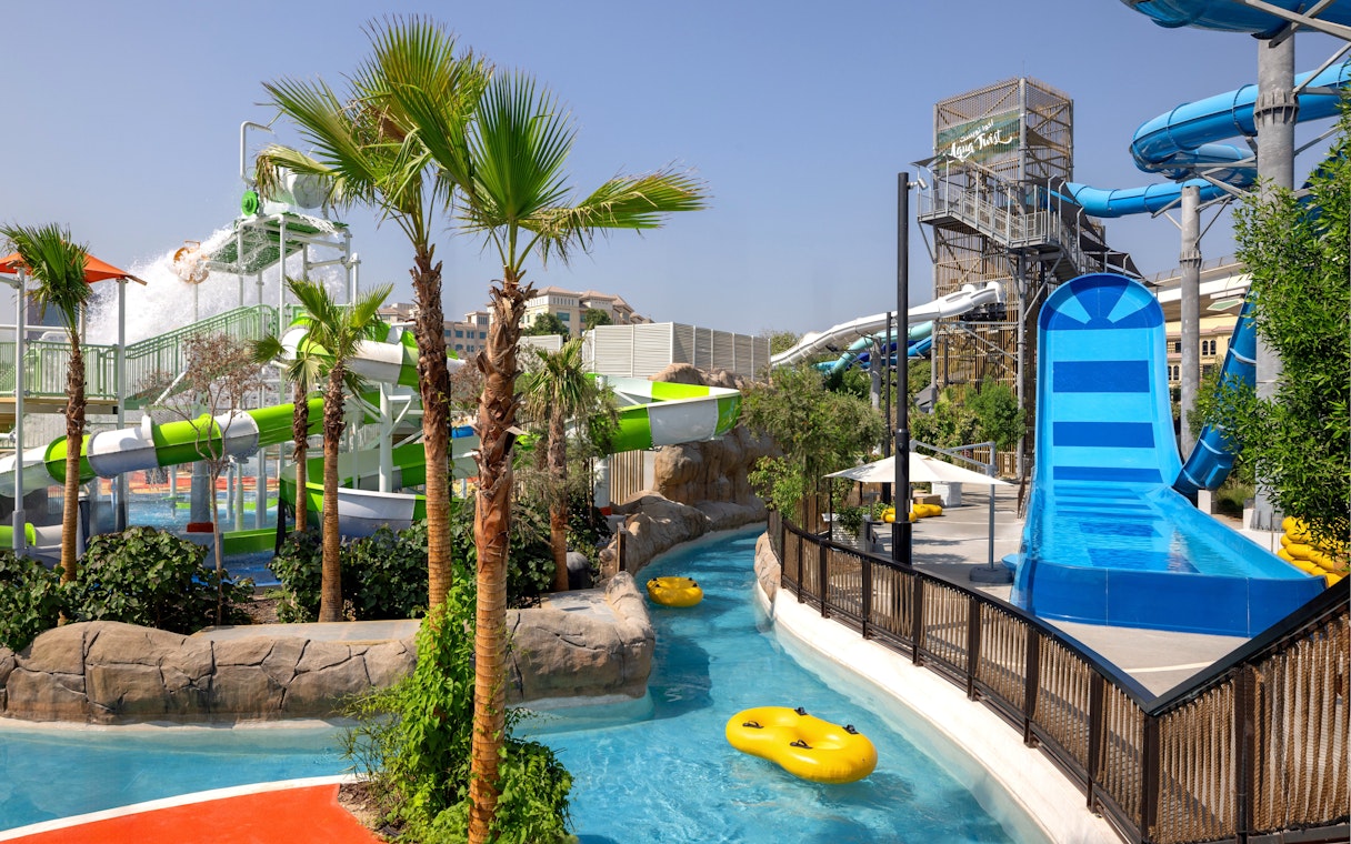 Lazy river and water slides at Grand Hyatt waterpark, Dubai.