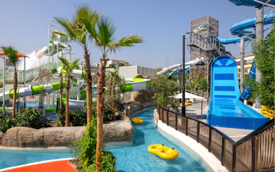 Lazy river and water slides at Grand Hyatt waterpark, Dubai.
