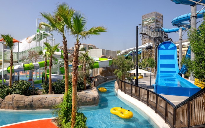 Lazy river and water slides at Grand Hyatt waterpark, Dubai.