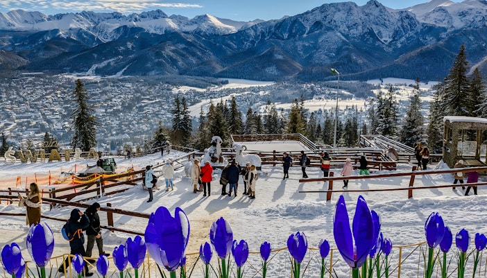 Panoramic view of Tatra Mountains from Zakopane with visitors and snow-covered landscape.
