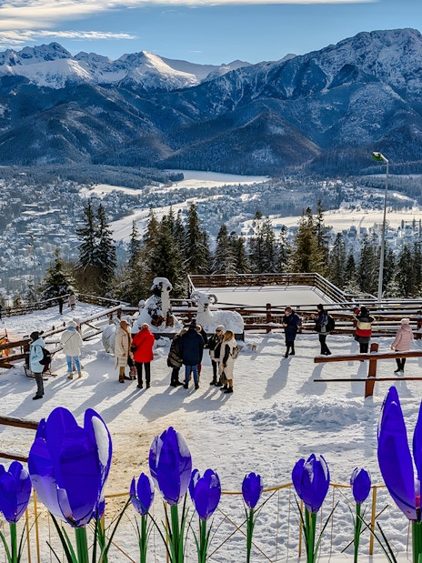 Panoramic view of Tatra Mountains from Zakopane with visitors and snow-covered landscape.