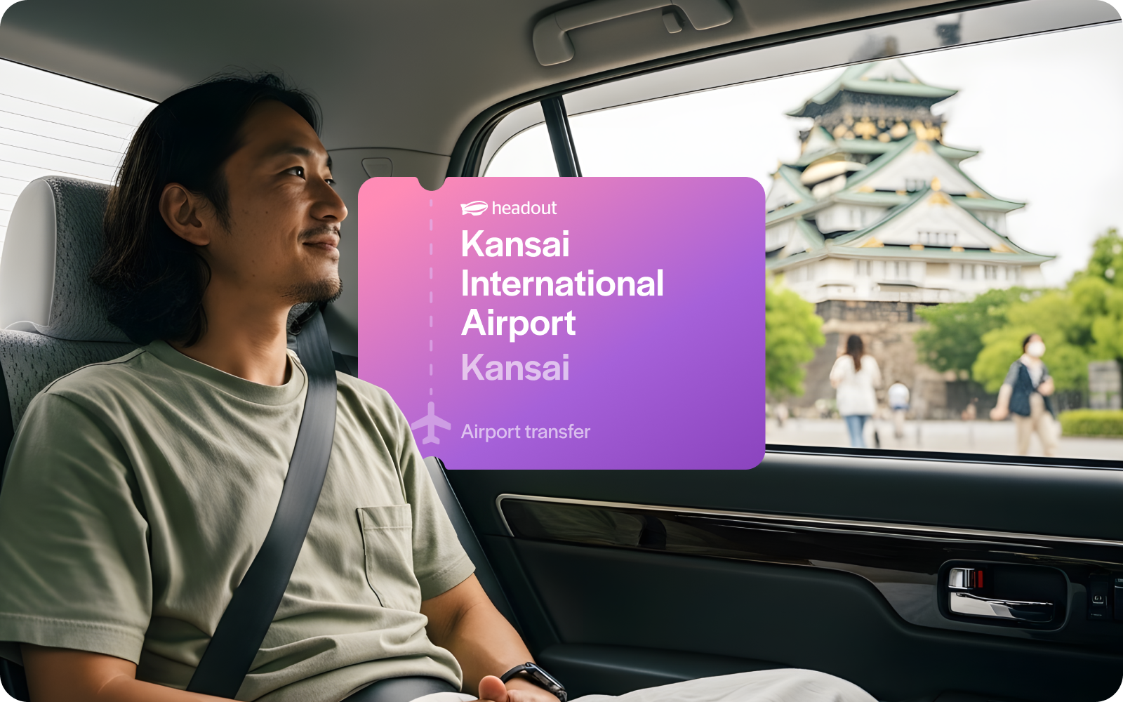 Private car transfer from Kansai International Airport with view of Osaka Castle.