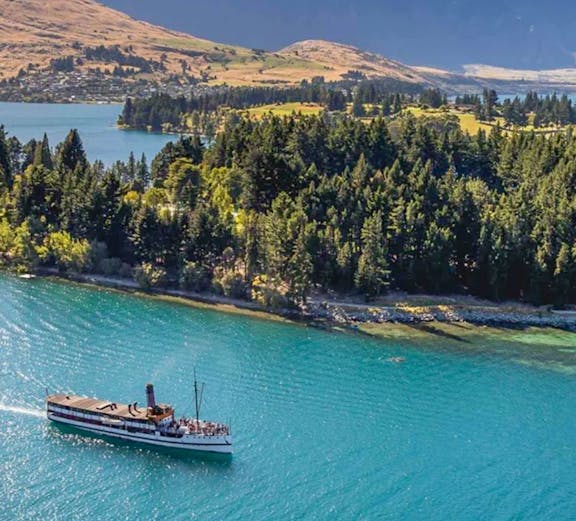 TSS Earnslaw cruising on Lake Wakatipu with Walter Peak in the background.