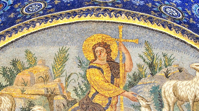 Ravenna mosaic depicting a shepherd with sheep under a blue starry sky.