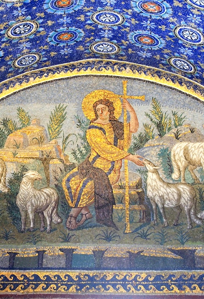 Ravenna mosaic depicting a shepherd with sheep under a blue starry sky.