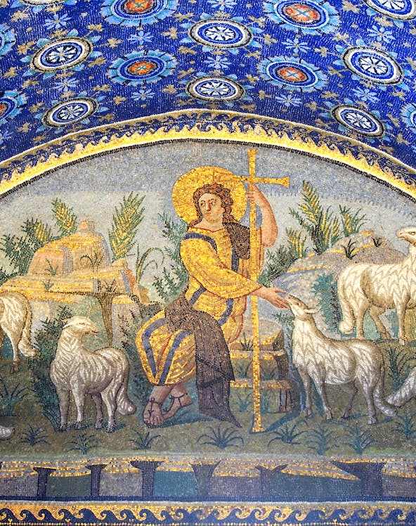 Ravenna mosaic depicting a shepherd with sheep under a blue starry sky.
