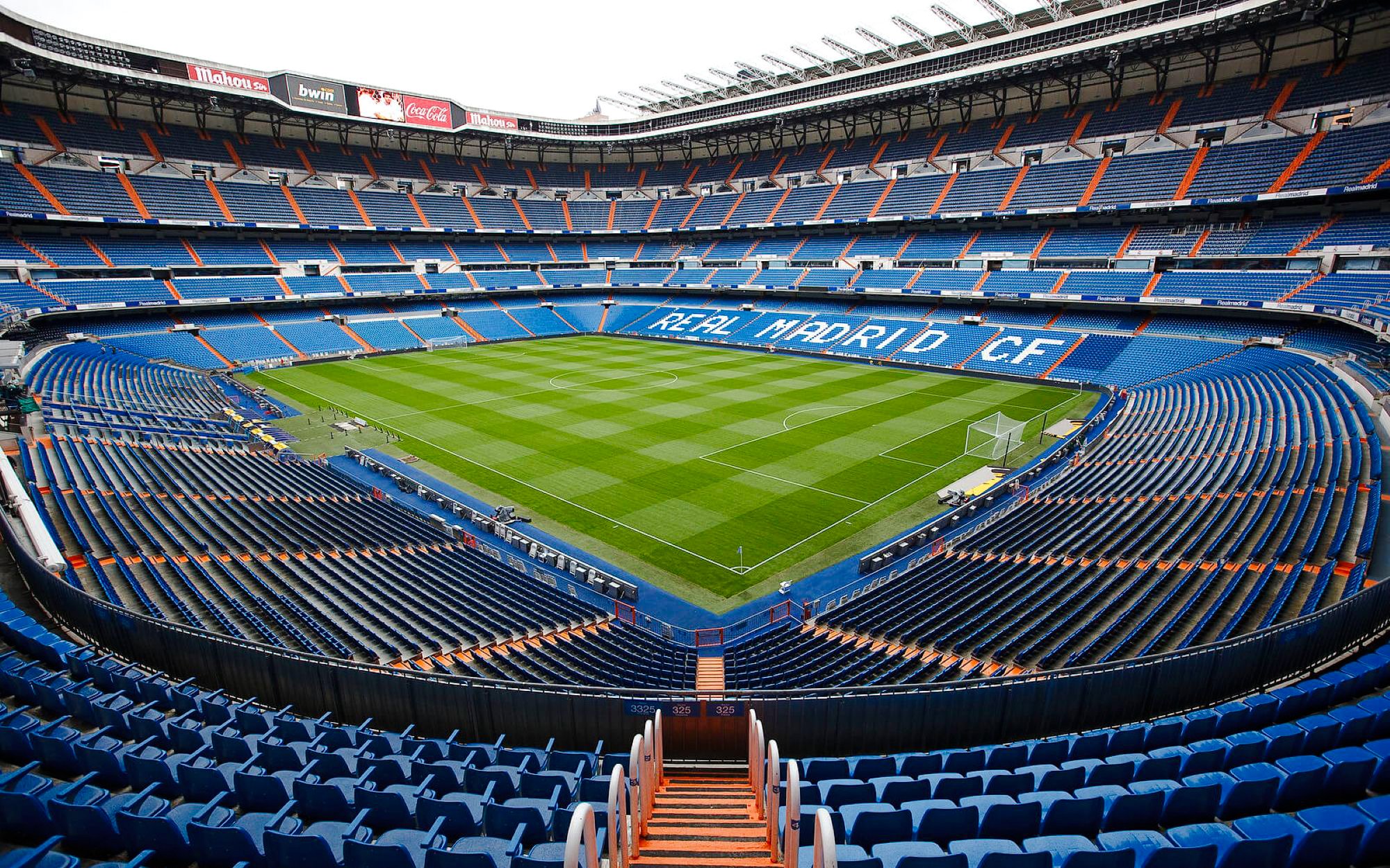 Bernabeu Stadium empty seating and field, home of Real Madrid CF, Madrid, Spain.